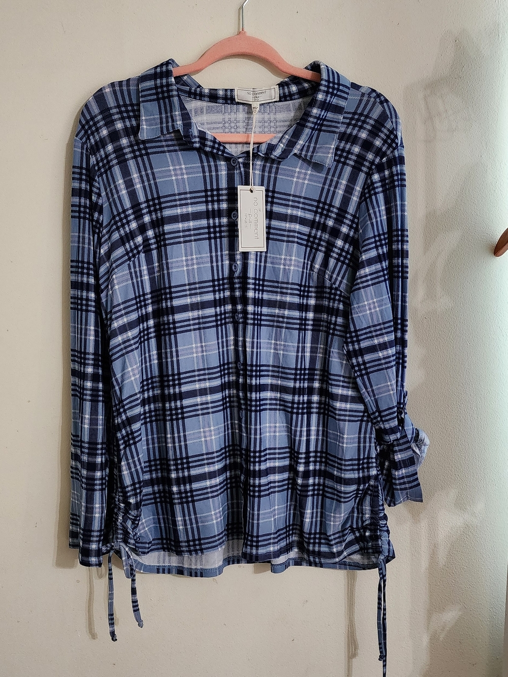 NWT No Comment Plus Blue Plaid Button Down Top Cinch Sides Long Sleeve 2X